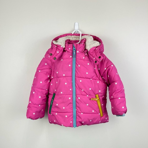 Mini Boden Other - Mini Boden Pink Star Print Hooded Puffer Jacket 2-3